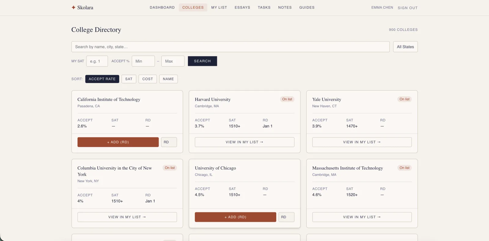 Skolara college directory with search and filters across 900+ colleges