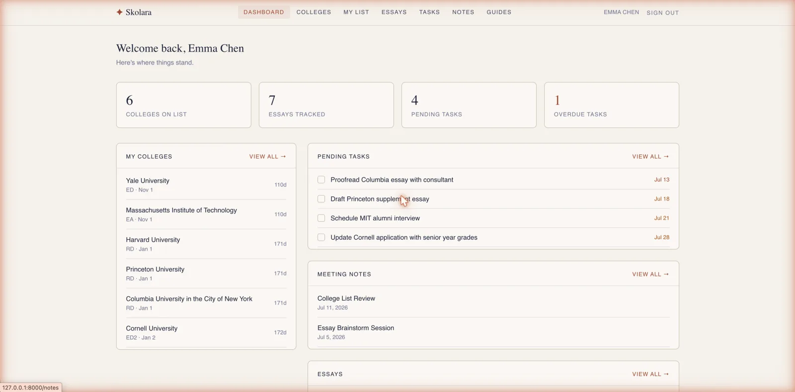 Skolara portal dashboard showing colleges on list, pending tasks, and meeting notes