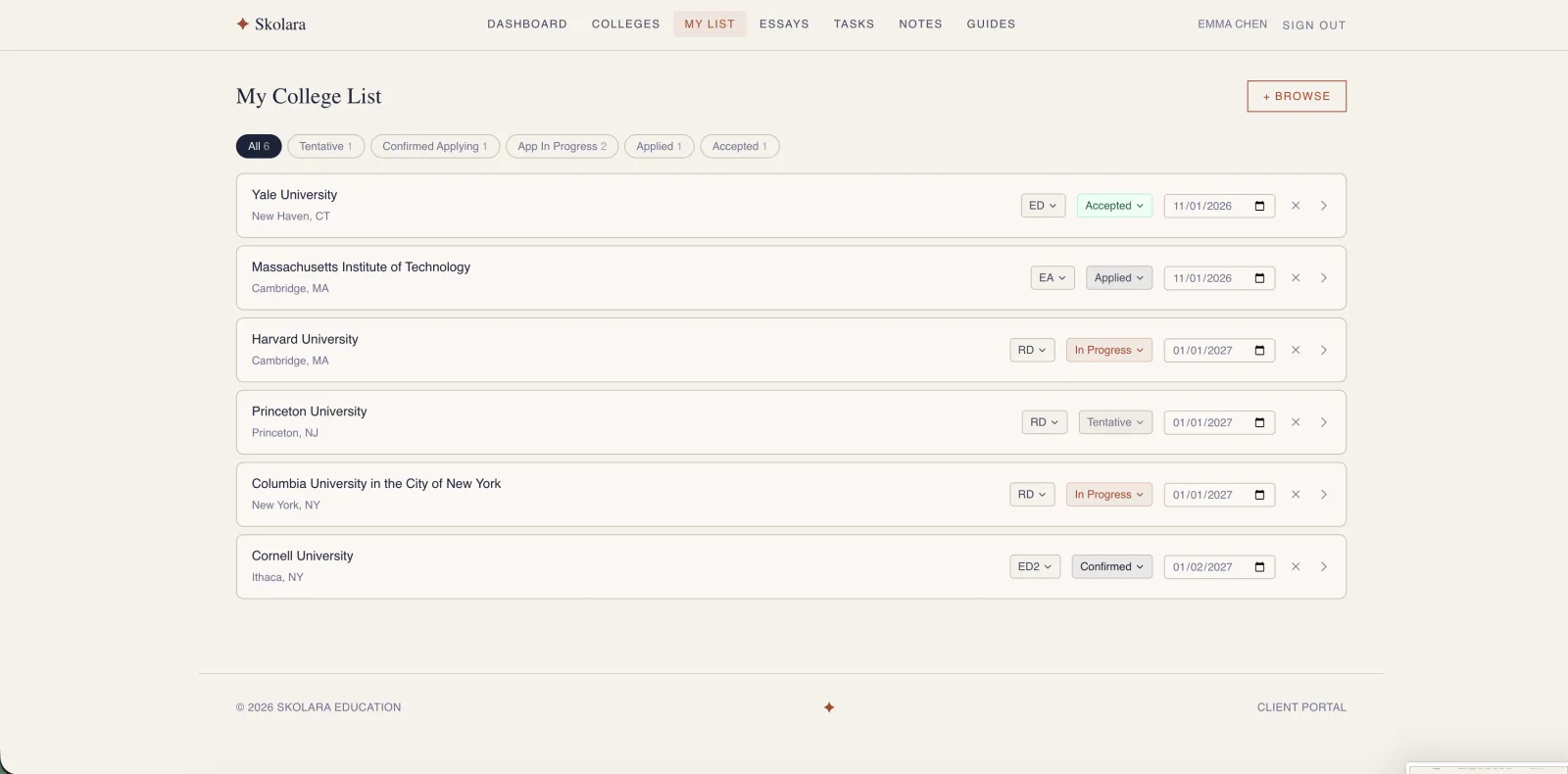 Skolara application tracker showing decision type, status, and deadlines